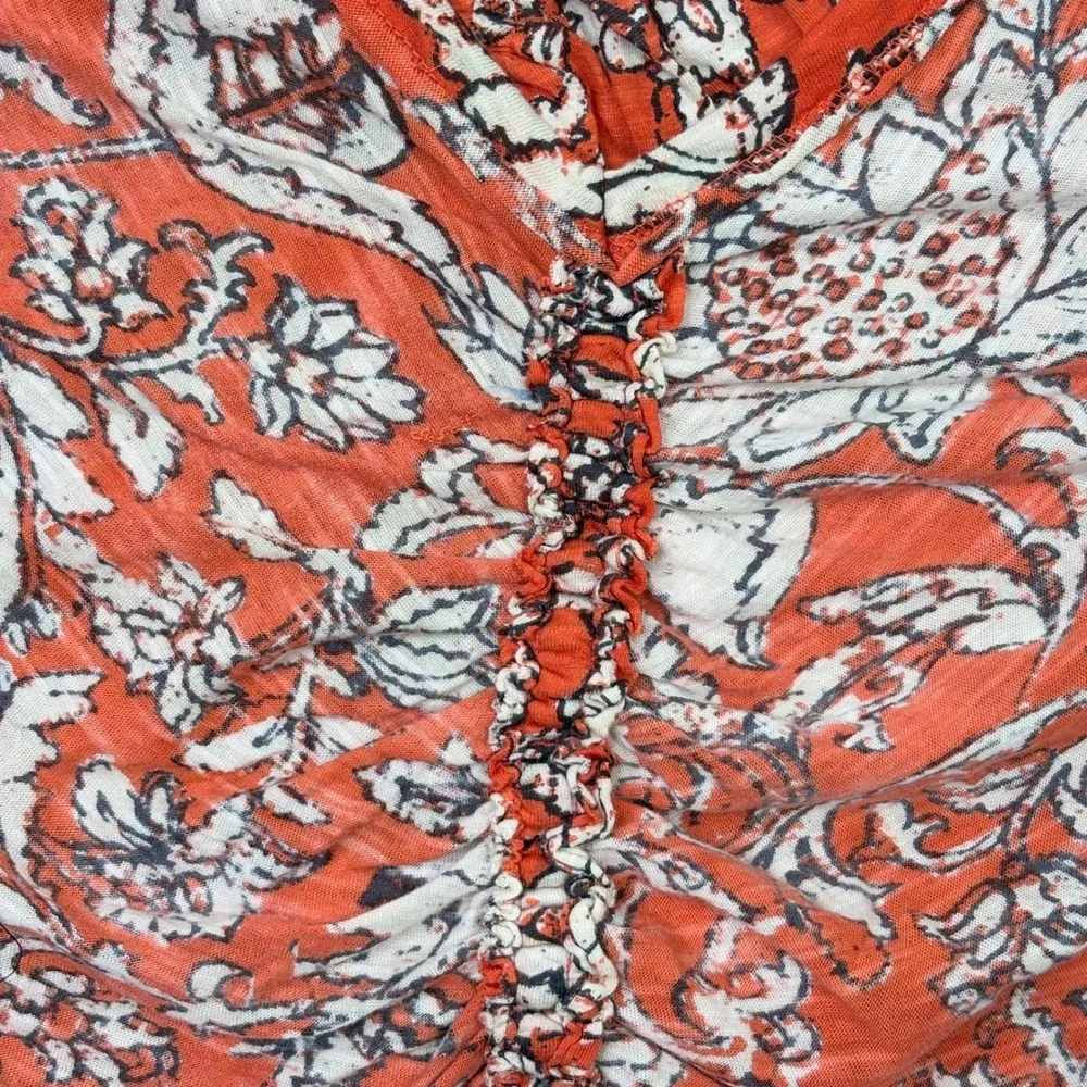 Free People Say The Word Ruched Front Floral‎ Long Sleeve Top Ruby Orange XL